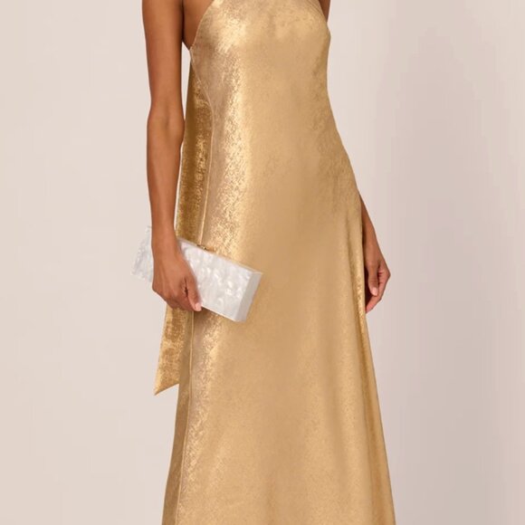 ADRIANNA PAPELL Foiled Mermaid Gown With Halter Neckline In Light Gold - Picture 5 of 7